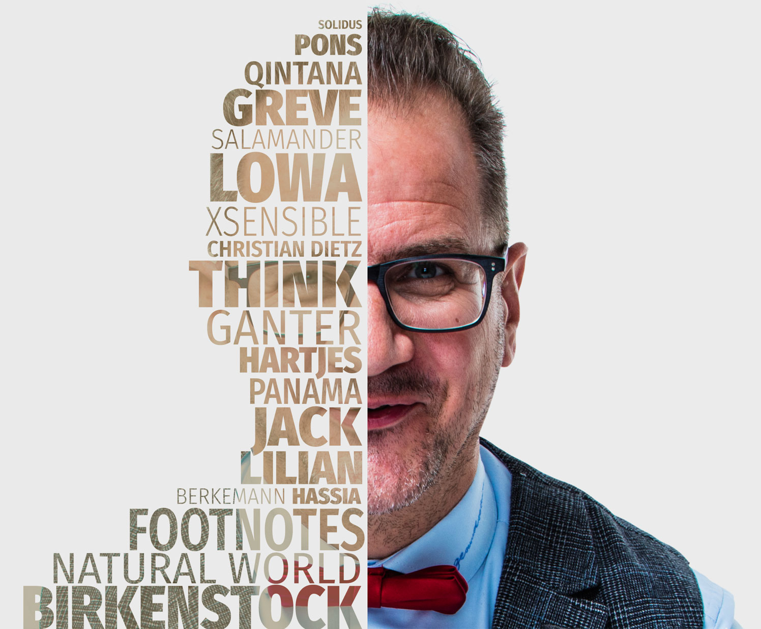 Portrait von Michael Kluth, der Werkstattleitung aus der Filiale Lütten Klein, gepaart mit allen Marken, die Gesundschuh anbietet