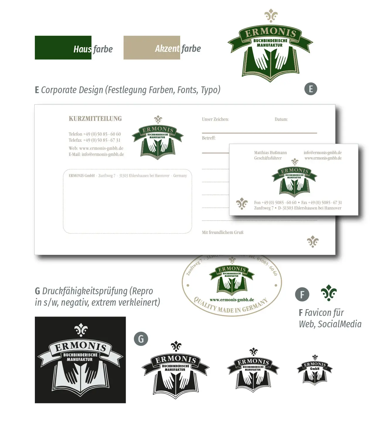 ERMONIS Logoentwicklung: Reinzeichnung, Typografie, Farben, Favicon und Druckcheck.