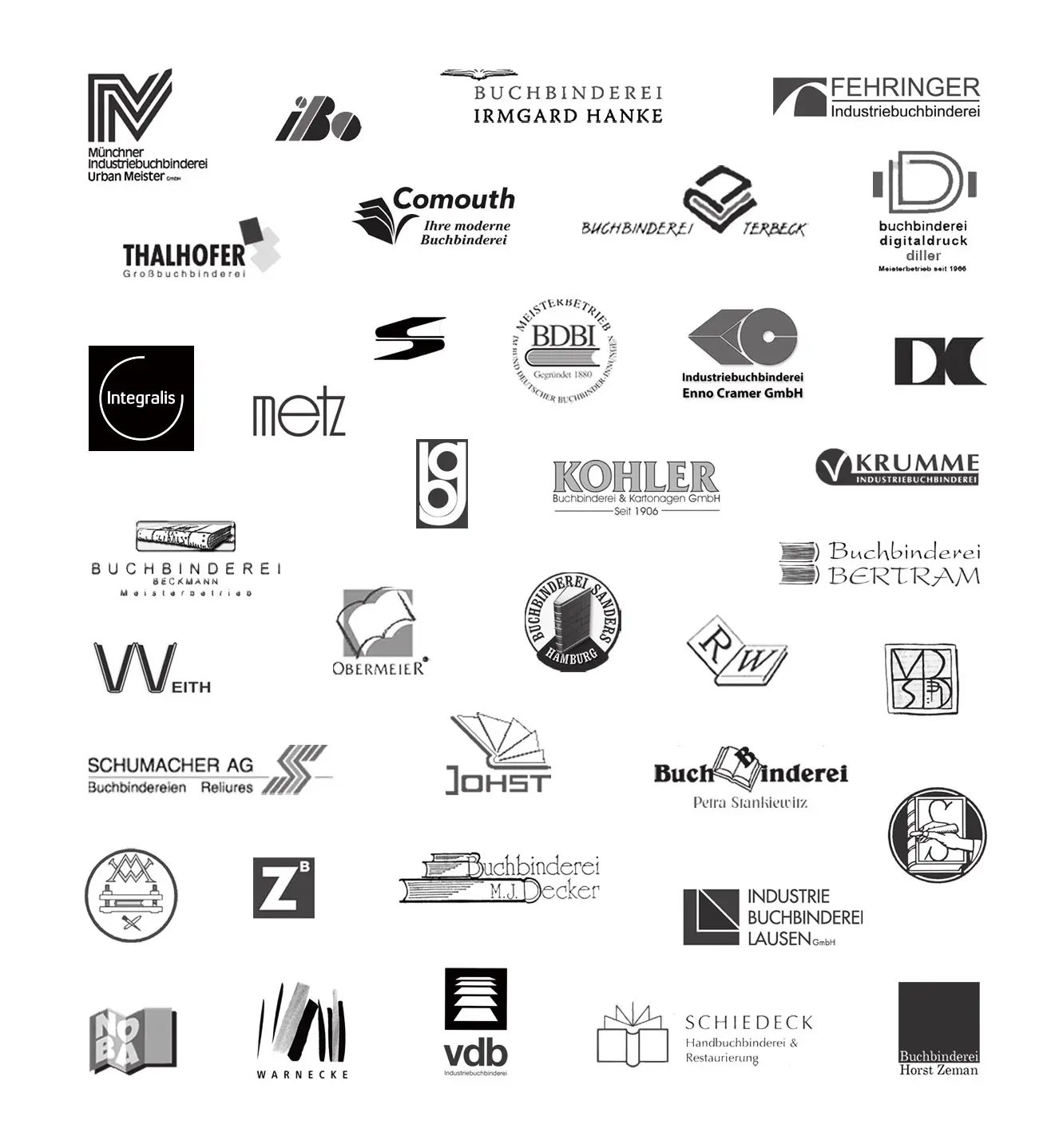 Branchenzeichen-Recherche Buchbinderhandwerk: historische Symbole und heutige Logos.